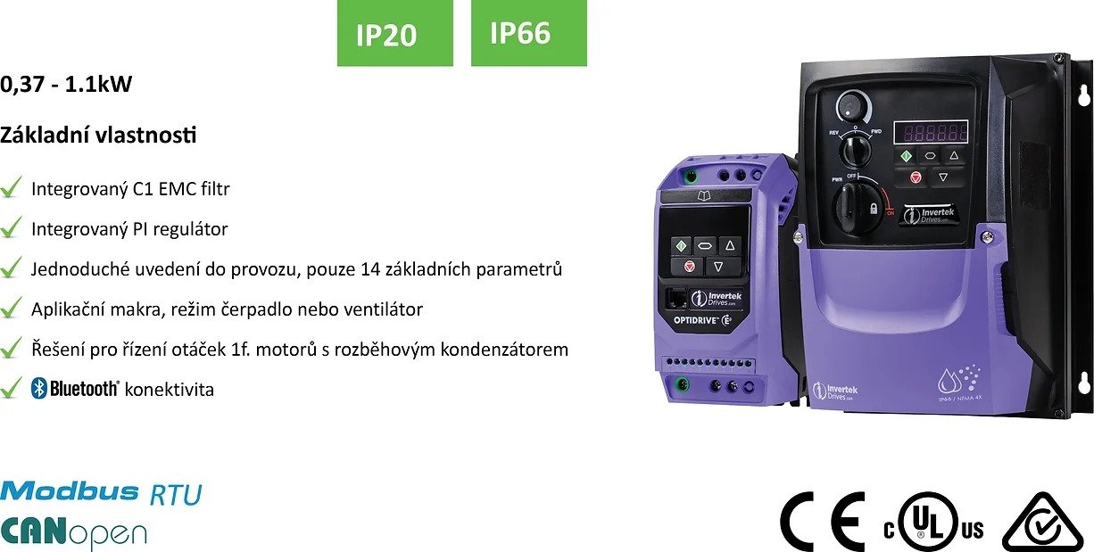 Přehled Optidrive E3 (1f. motorů)